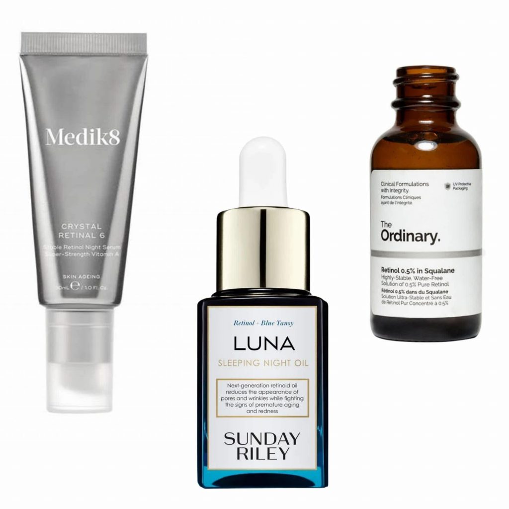 Medik8 Crystal Retinal, Sunday Riley Luna, and The Ordinary Retinol 0.5% in Squalene 