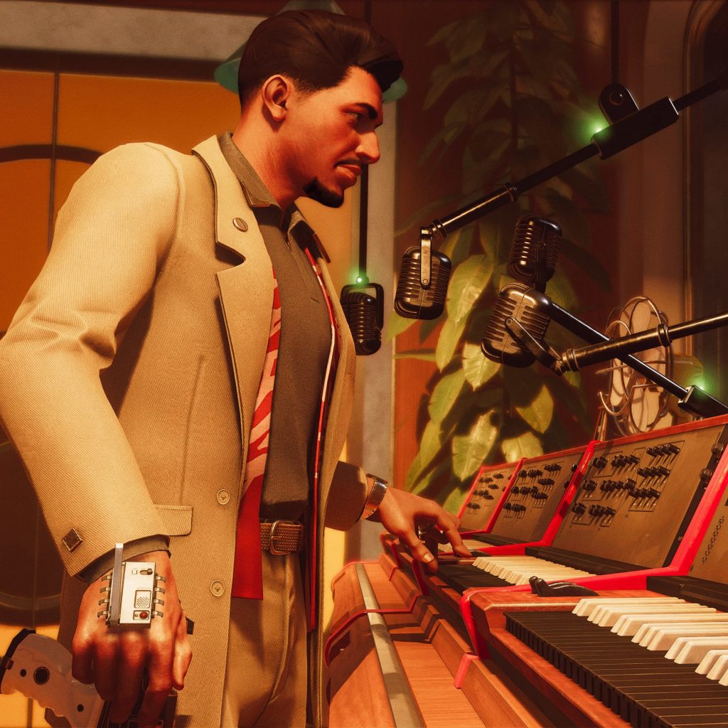 Frank standing in a recording booth in Deathloop.