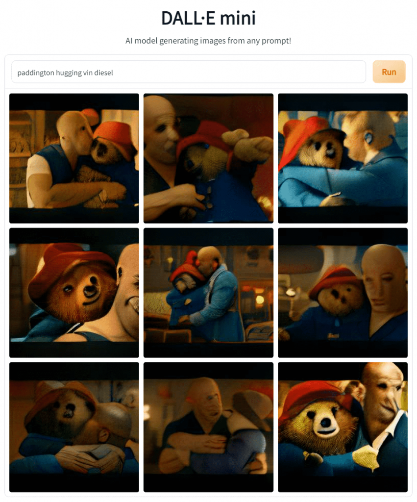 Dall-E Mini art of "Paddington hugging Vin Diesel"