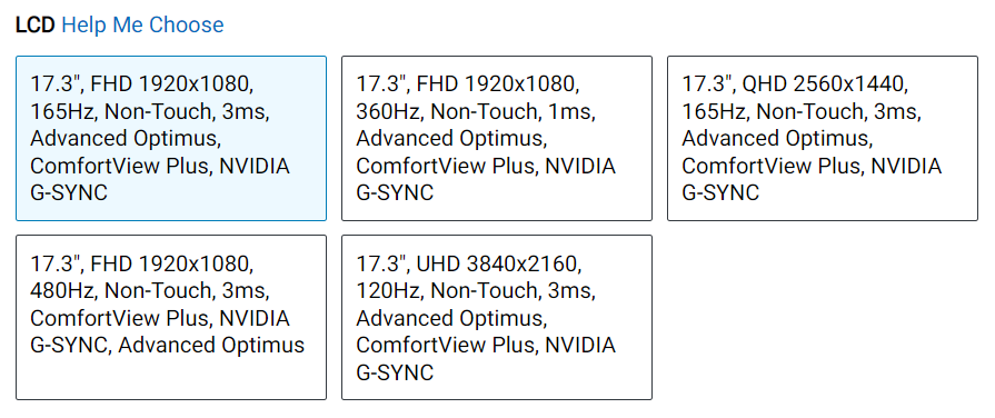 The five display options available on the Alienware x17 R2 gaming laptop.