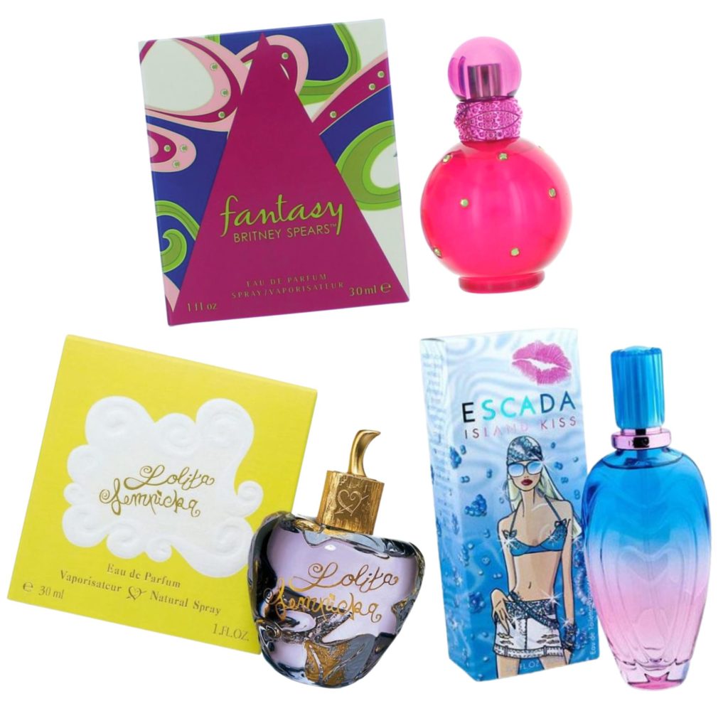 Three Y2K gourmand icons: Birtney Spears, Fantasy, Lolita Lempicka and Escada, Island Kiss 