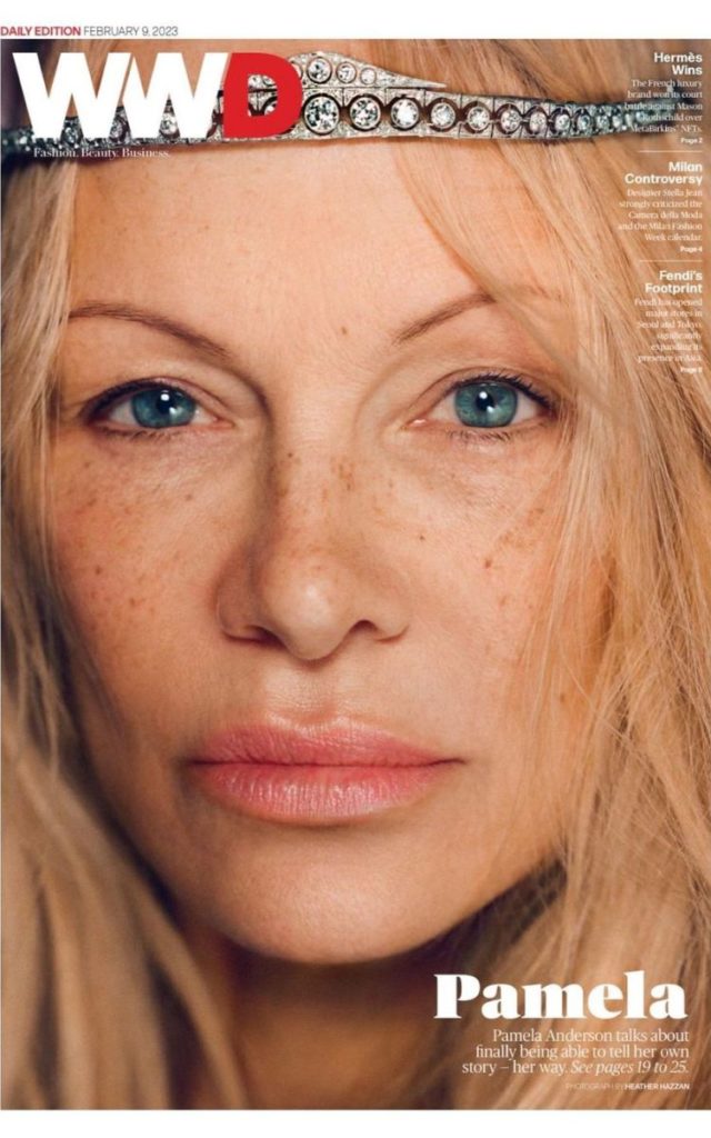 Pamela Anderson wearing no makeup on the February cover of WWD