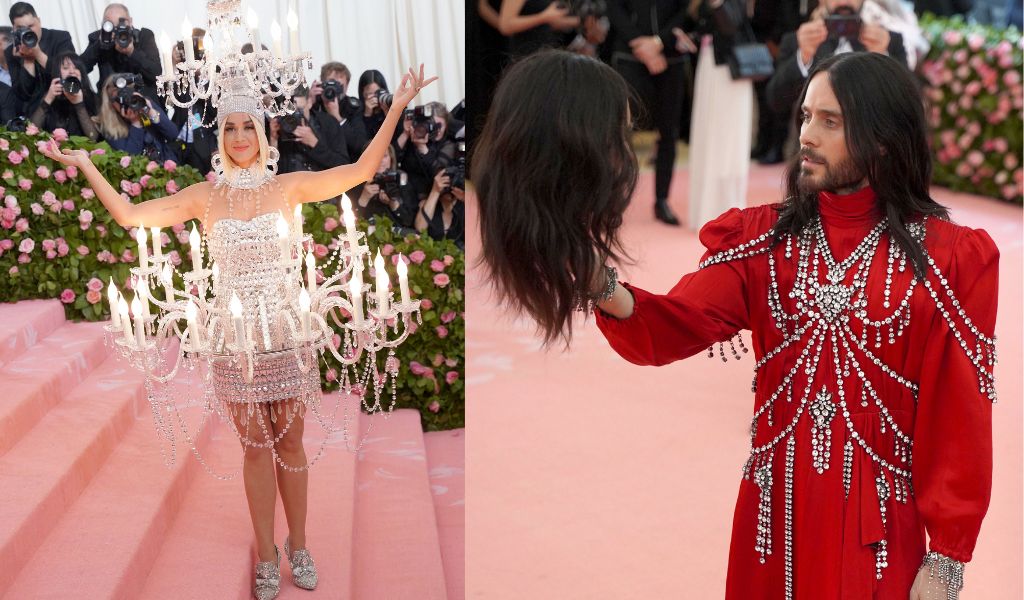 Jared Leto and Katy Perry preparing to be turned into memes on the Met Gala red carpet.