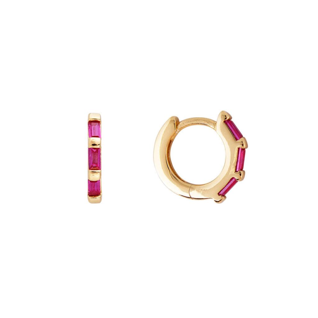 Fairley Jewellery Ruby Crystal Baguette Huggie- Birthstone Jewellery