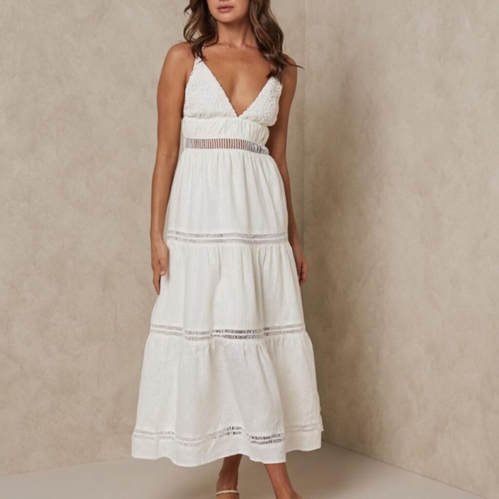 AERE Crochet Insert Maxi Dress - Camilla Morrone Daisy Jones and the Six