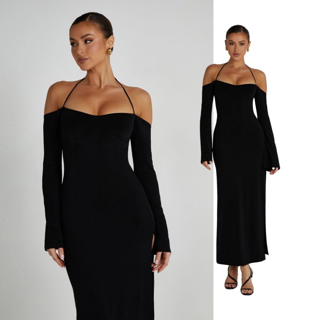 Meshki Tia Slinky Off Shoulder Maxi Dress