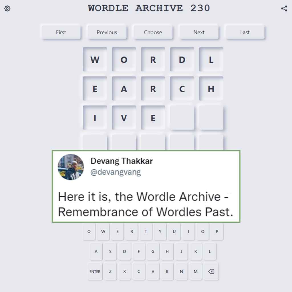 A screenshot of Wordle Archive, a free website that lets you play old Wordle puzzles.