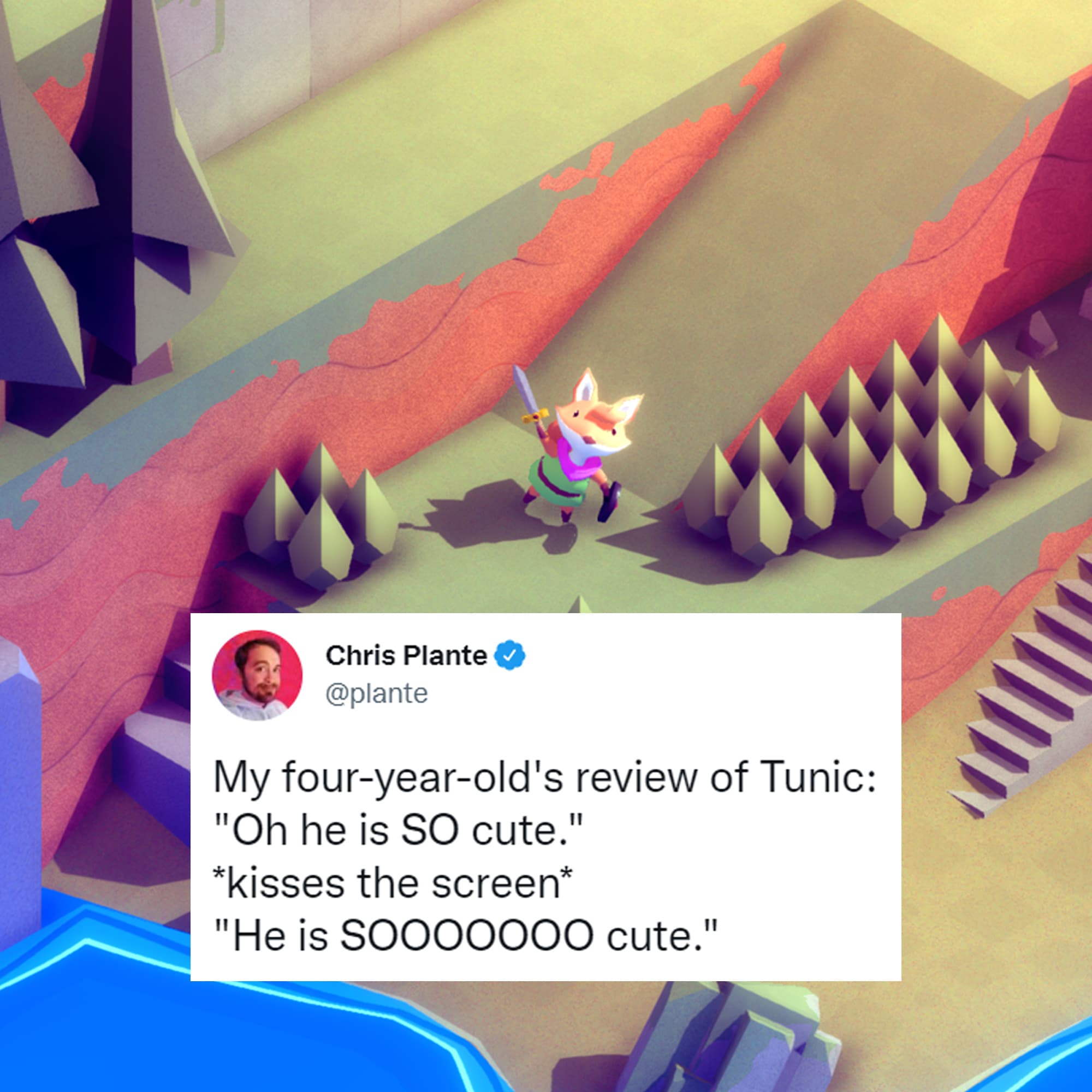 A screenshot of the game Tunic and a tweet from @plante that reads 