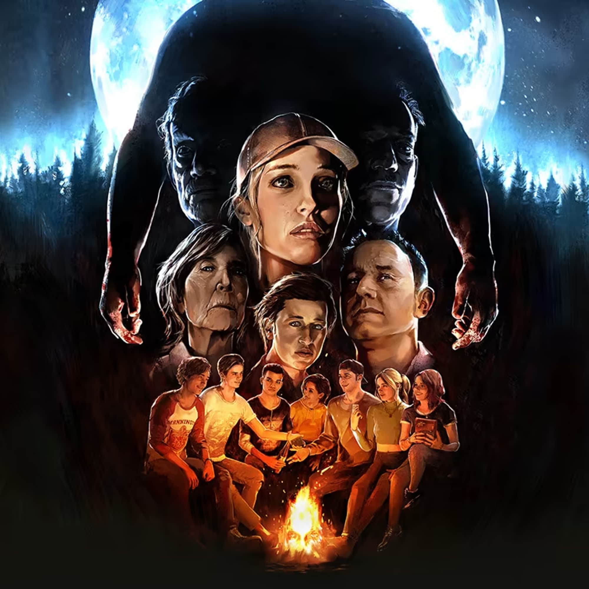 Artwork for The Quarry, showing the nine playable characters sitting around a campfire. The ominous shadow of a man standing against the full moon is above them, and they're surrounded by forest.