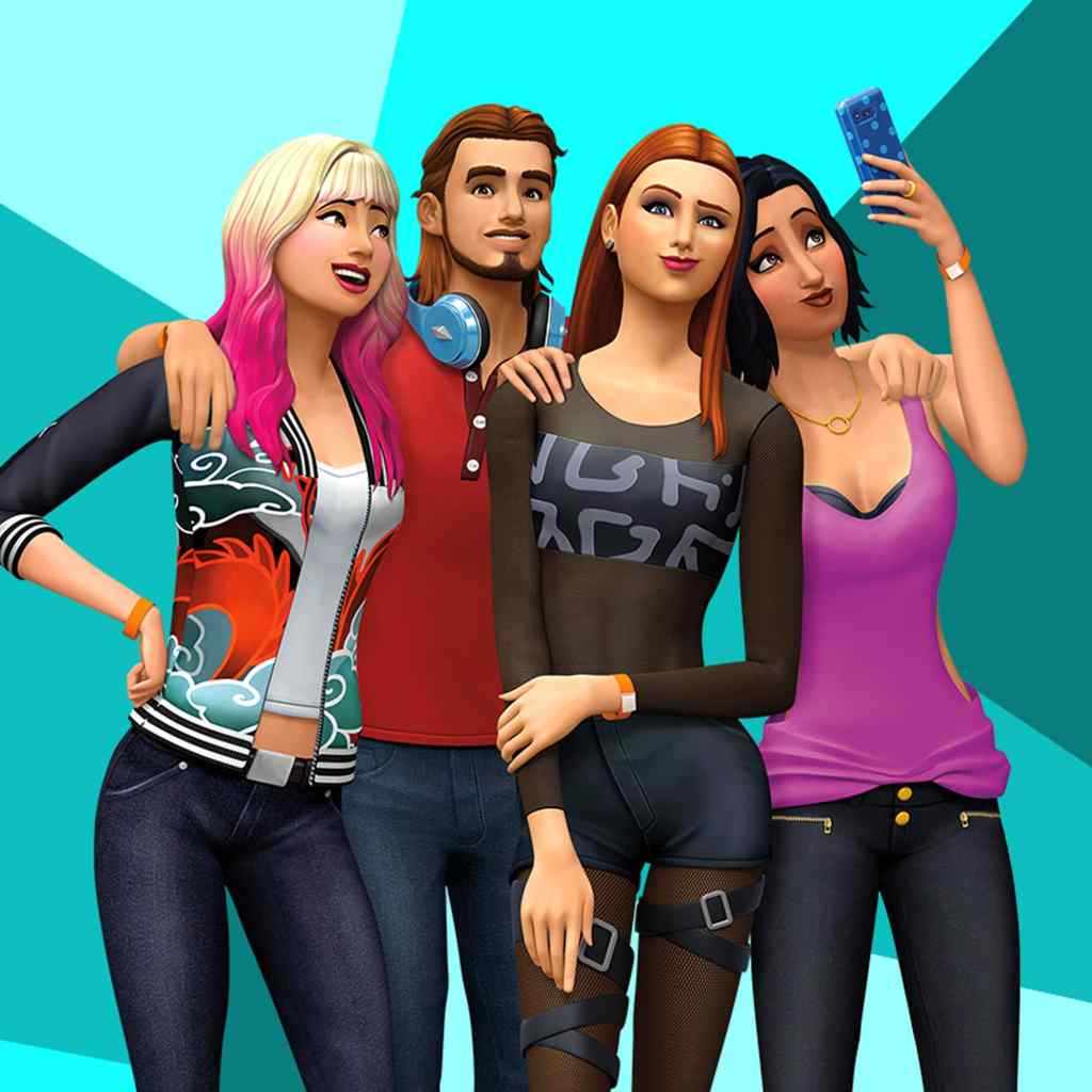 Four Sims from The Sim 4 linking arms and taking a photo.