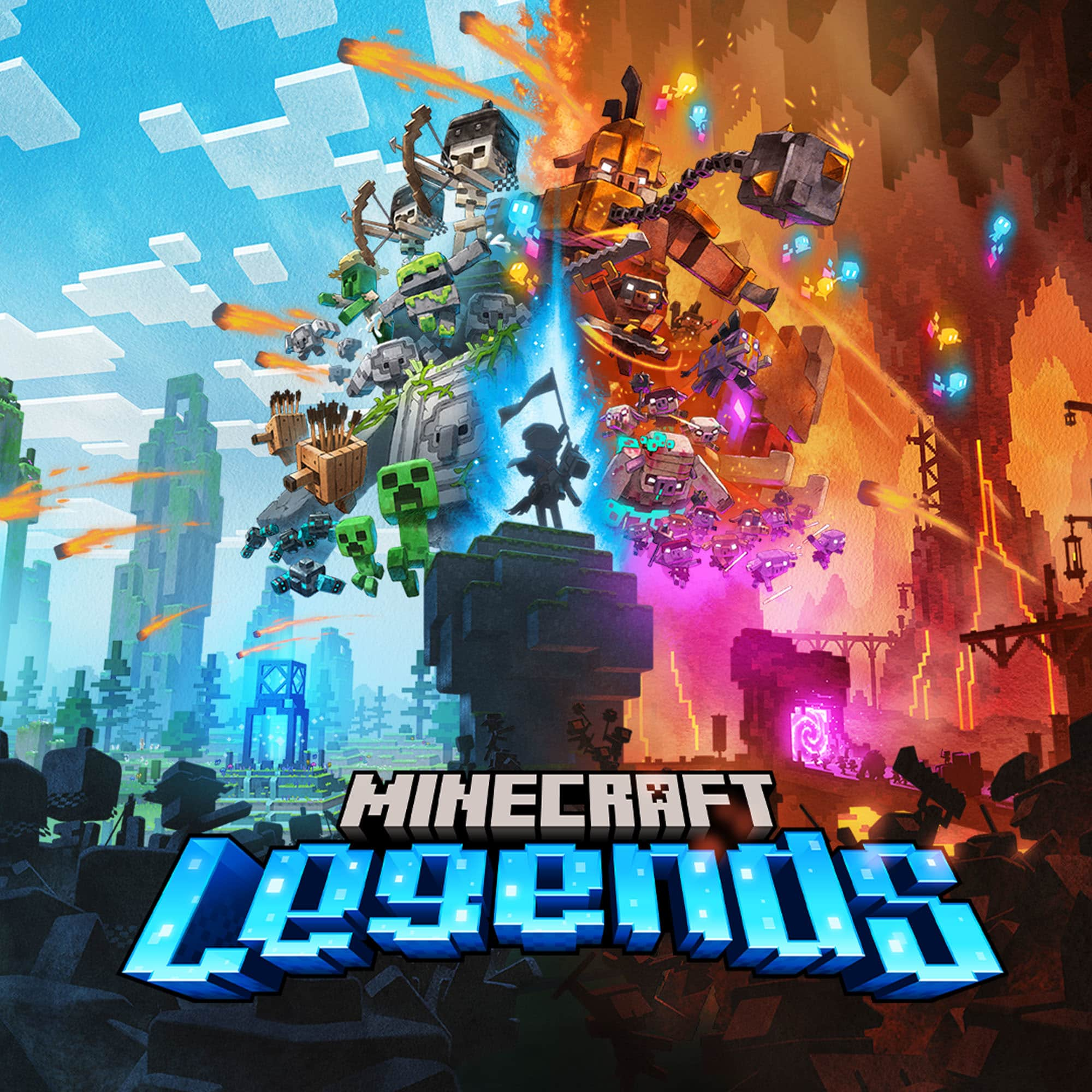 Artwork for Minecraft Legends showing the player's army beside the invading piglins.