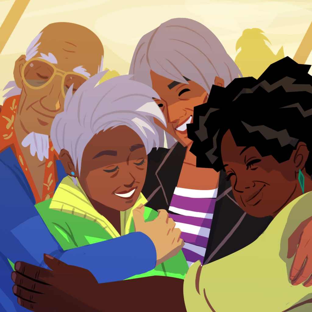 A screenshot from the game Later Daters: The Series of four people hugging and smiling.