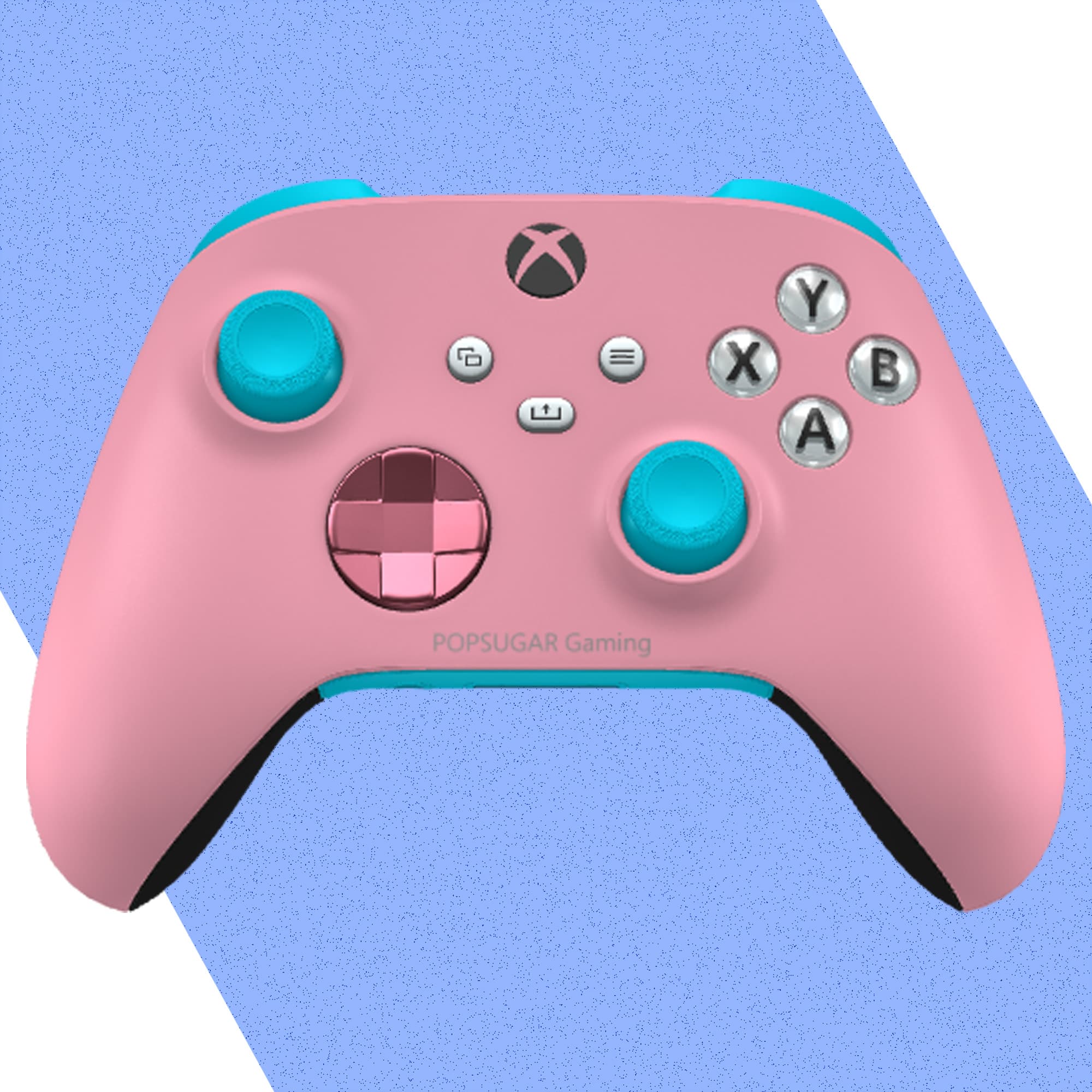 A pink and blue Xbox controller from the Xbox Design Lab.