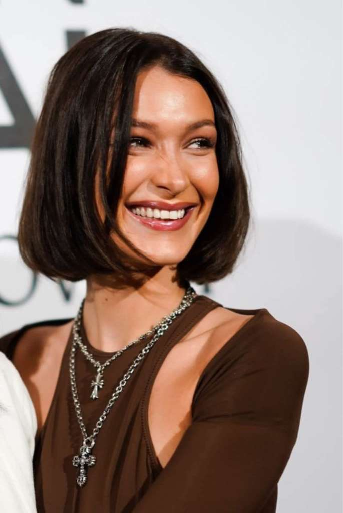 Bella Hadid blunt raven-black bob hairstyle