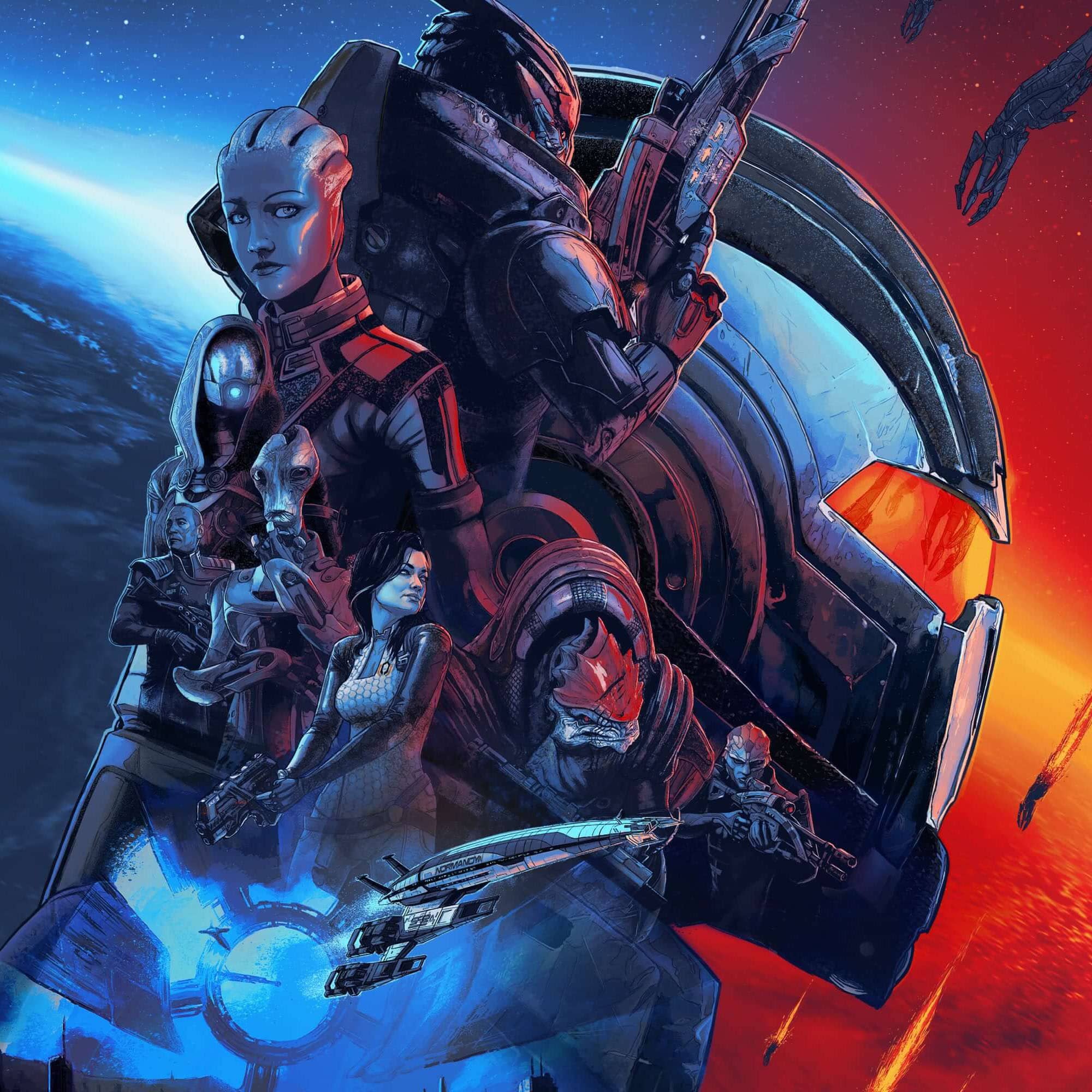 Artwork of Commander Shepard and the crew of the Normandy for the Mass Effect Legendary Edition.