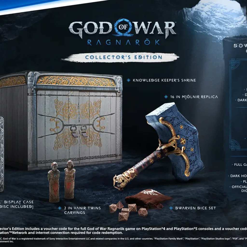 The God of War: Ragnarok Collector's Edition, including Thor's hammer Mjolnir.