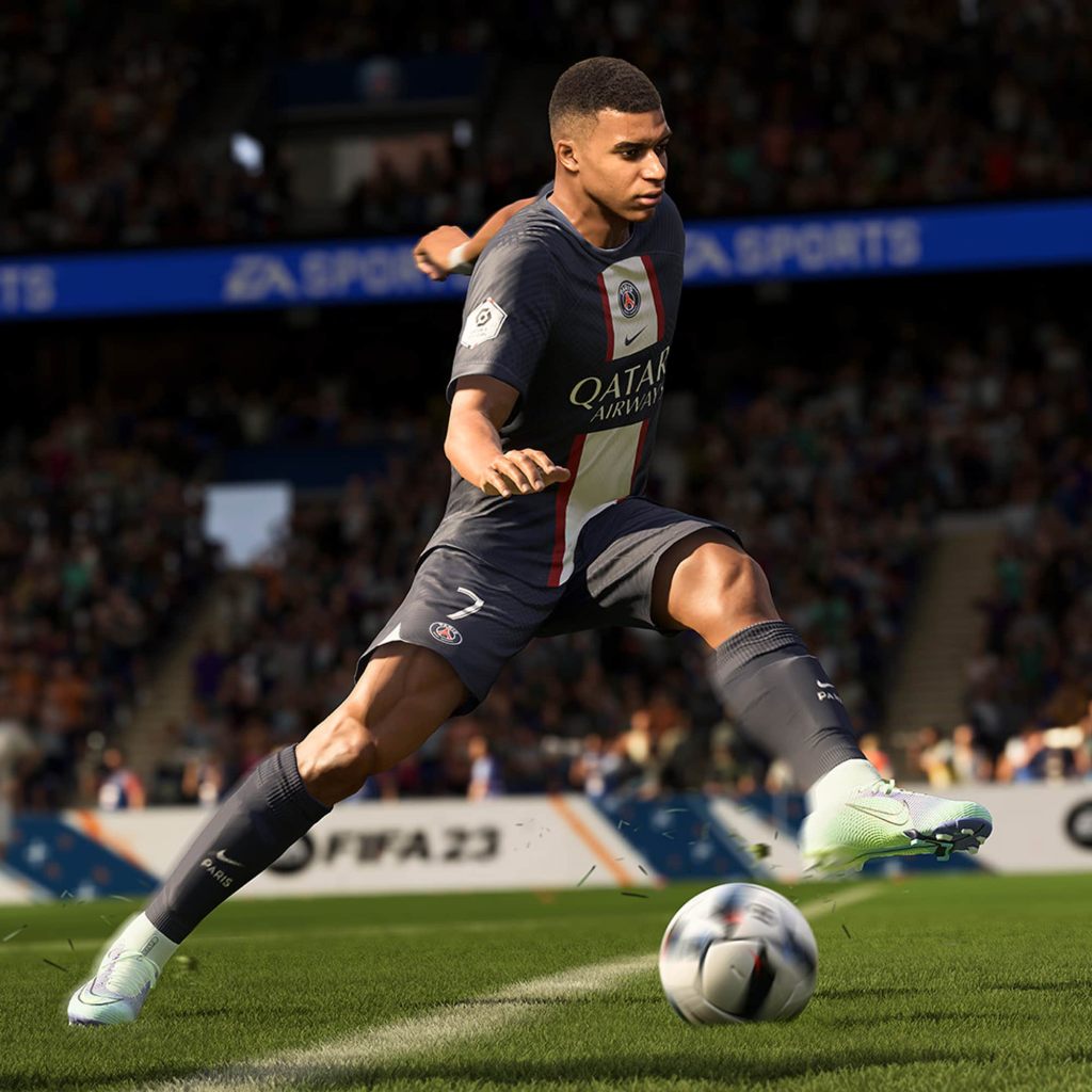 A screenshot of Kylian Mbappé dribbling the ball in FIFA 23.