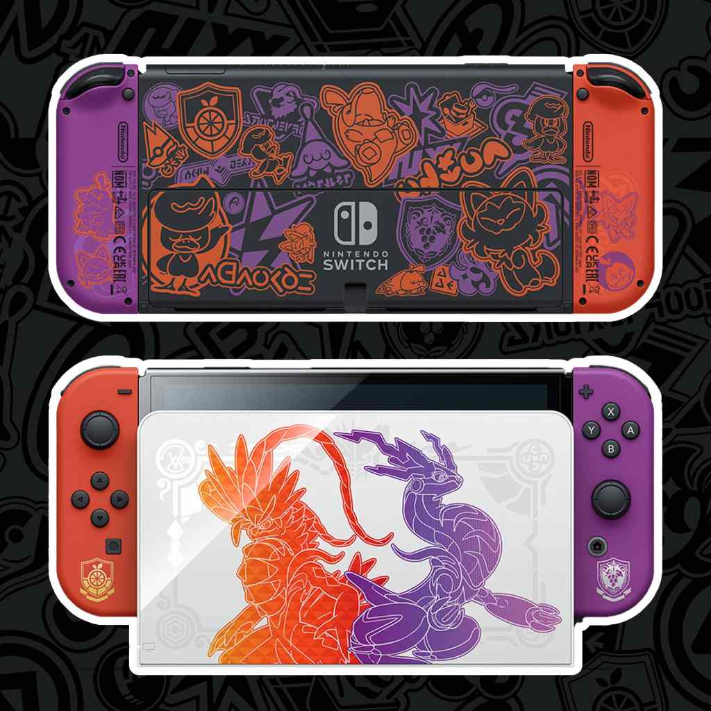 Front, back and dock view of the Pokémon Scarlet and Violet Switch OLED.