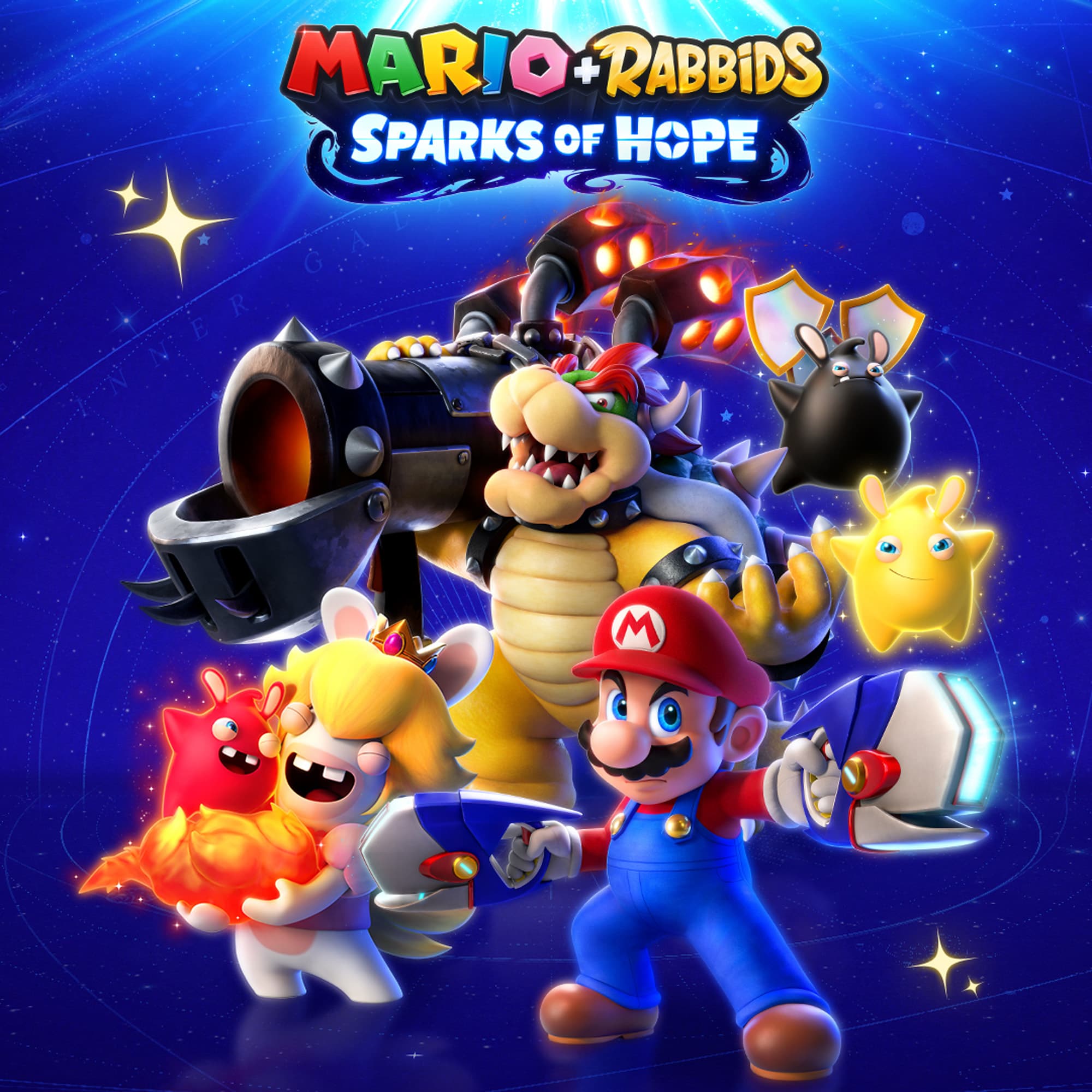 Image promoting Mario + Rabbids Sparks of Hope featuring Bowser, Rabbid Rosalina, Mario, Exosphere and Starburst.