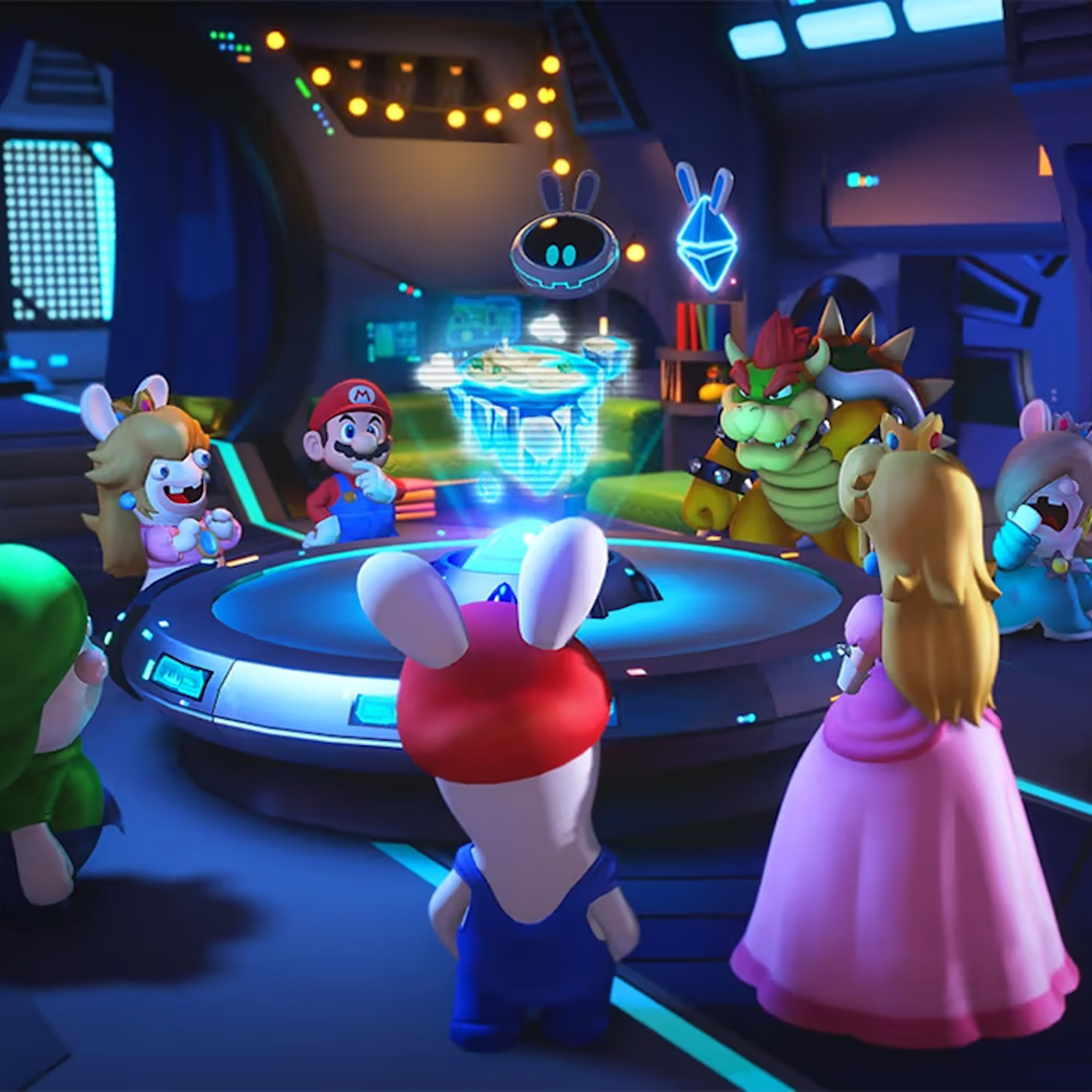 Rabbid Luigi, Rabbid Peach, Mario, Rabbid Mario, Beep-O, Jeanie, Bowser, Peach and Rabbid Rosalina standing around a holotable in Mario + Rabbids Sparks of Hope.