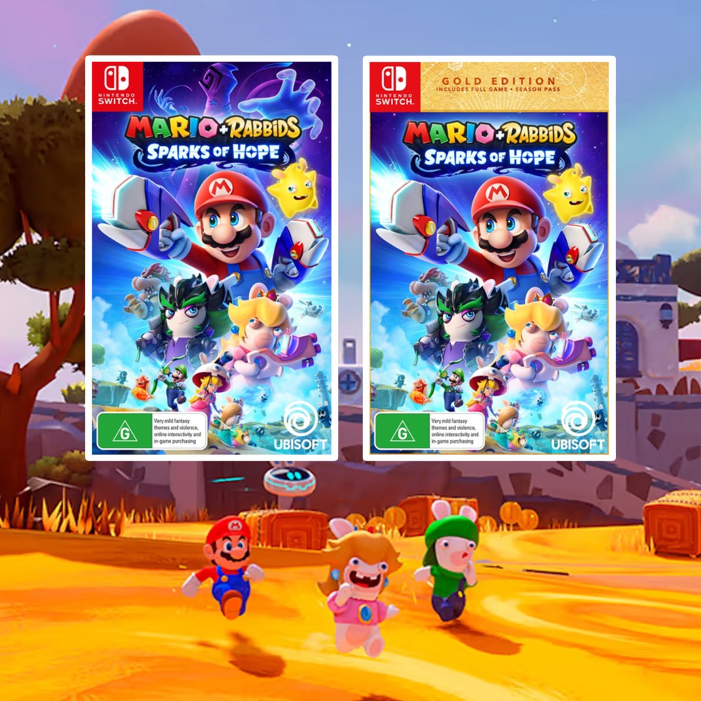 Mario, Rabbid Peach and Luigi running towards the camera in Mario + Rabbids Sparks of Hope. The screenshot is overlaid with the Standard and Gold Edition of the game.