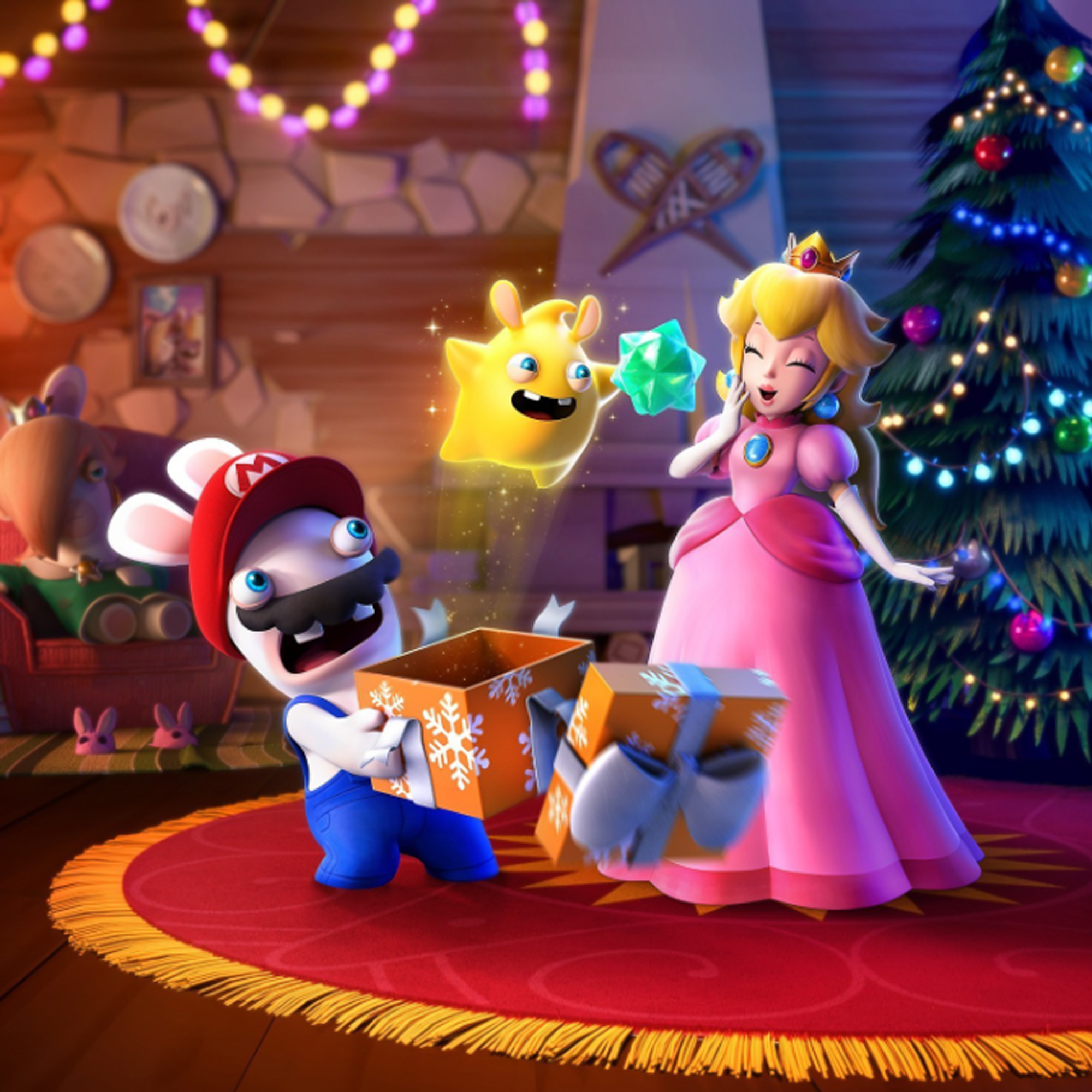 Rabbid Mario and Princess Peach from Mario + Rabbids Speaks of Hope opening a Christmas present. A Spark has burst out of the gift box.