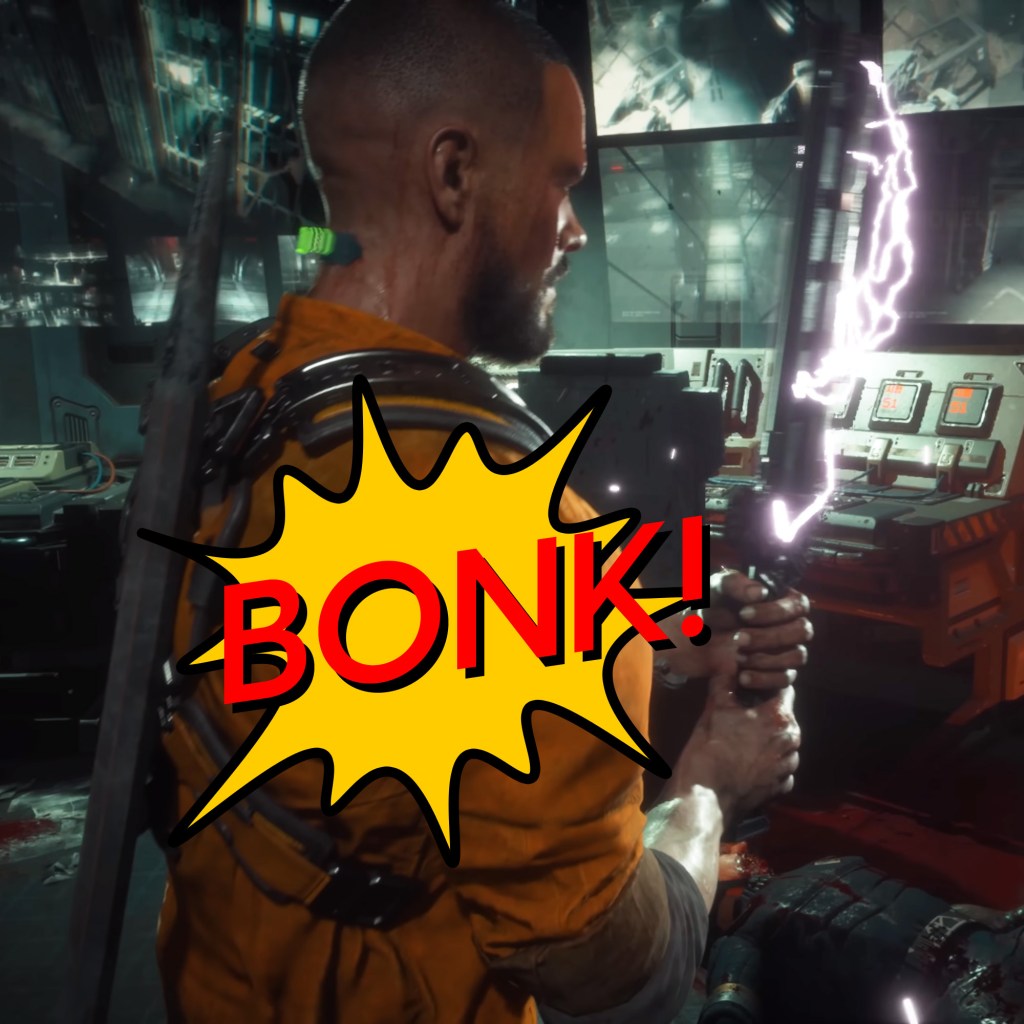 Jacob Lee holding the Stun Baton in The Callisto Protocol, overlaid with a cartoon "BONK!" graphic.