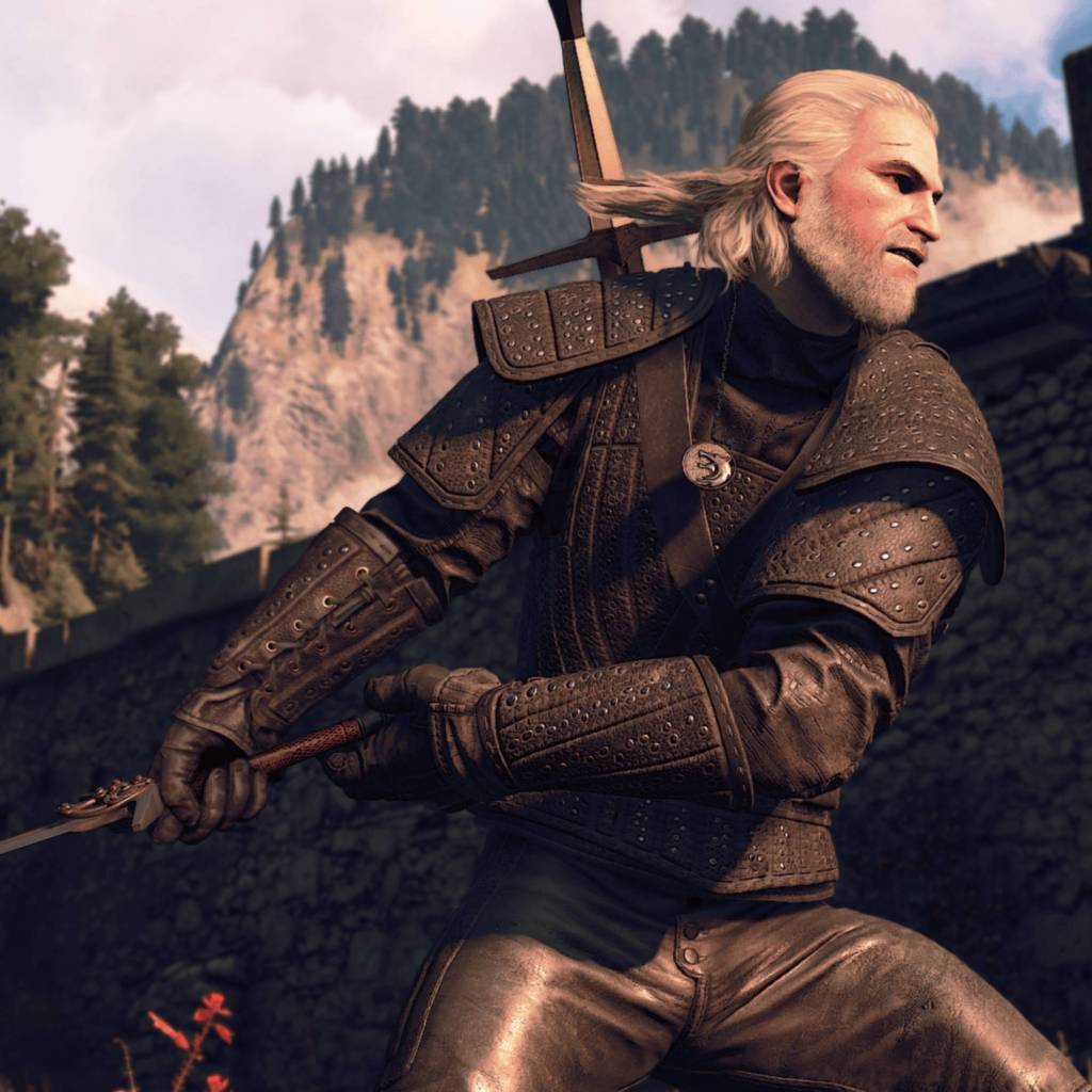 Geralt in The Witcher 3 next-gen update. He's swinging a sword and wearing the Witcher Netflix DLC armour.